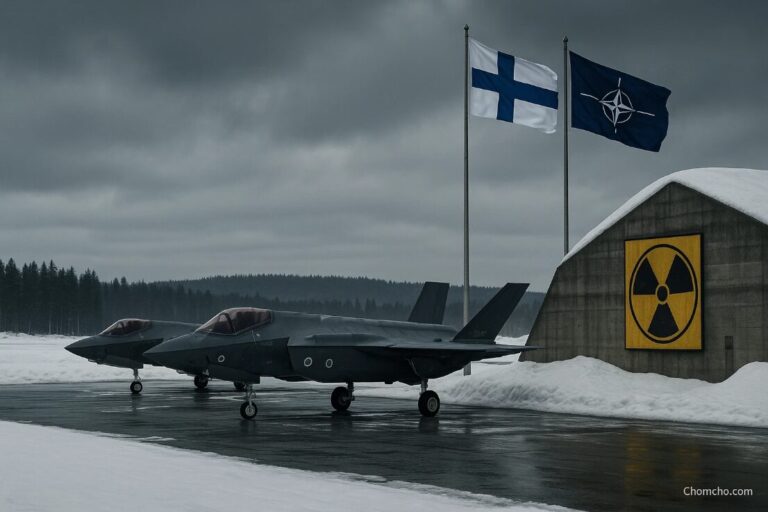 Two F-35 fighter jets on a snowy Finnish airbase beside a bunker with a radiation symbol, Finnish and NATO flags flying